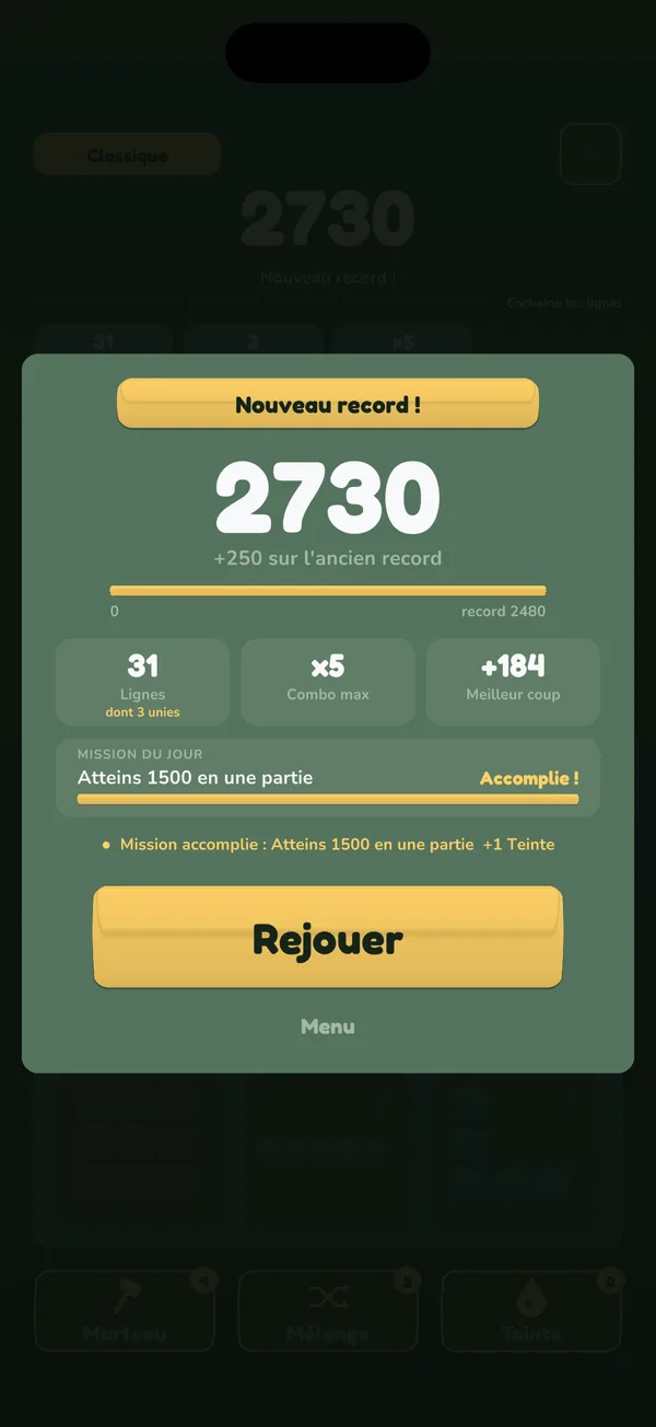 The “New best!” end screen in the Stakko block puzzle: score, lines, best combo and daily mission