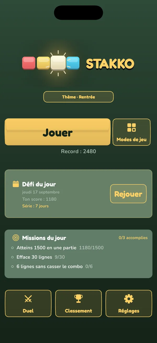Menu de Stakko : jouer, défi du jour, classement et réglages