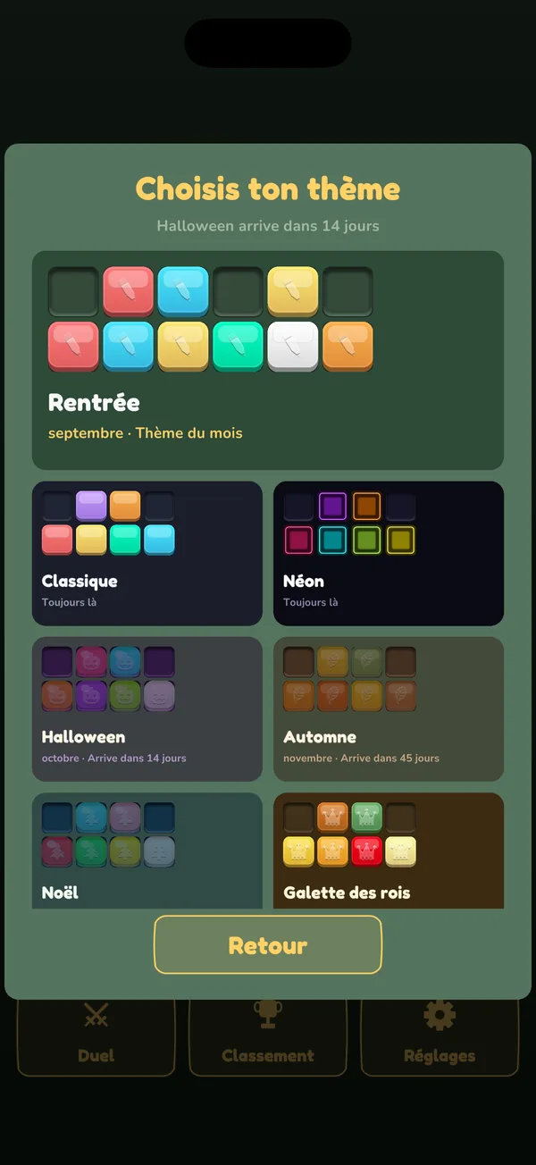 Choix du thème dans Stakko : classique, néon et un thème par mois